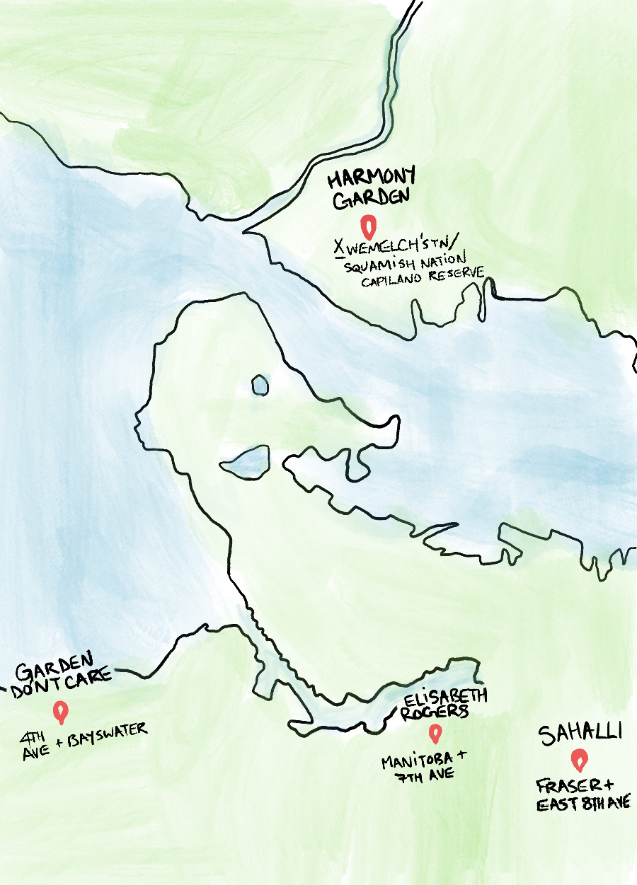 Map of Musquem, Squamish and Tsleil-Waututh Territories showing land and waters. There are only four points on the map and they show the locations of the four gardens.