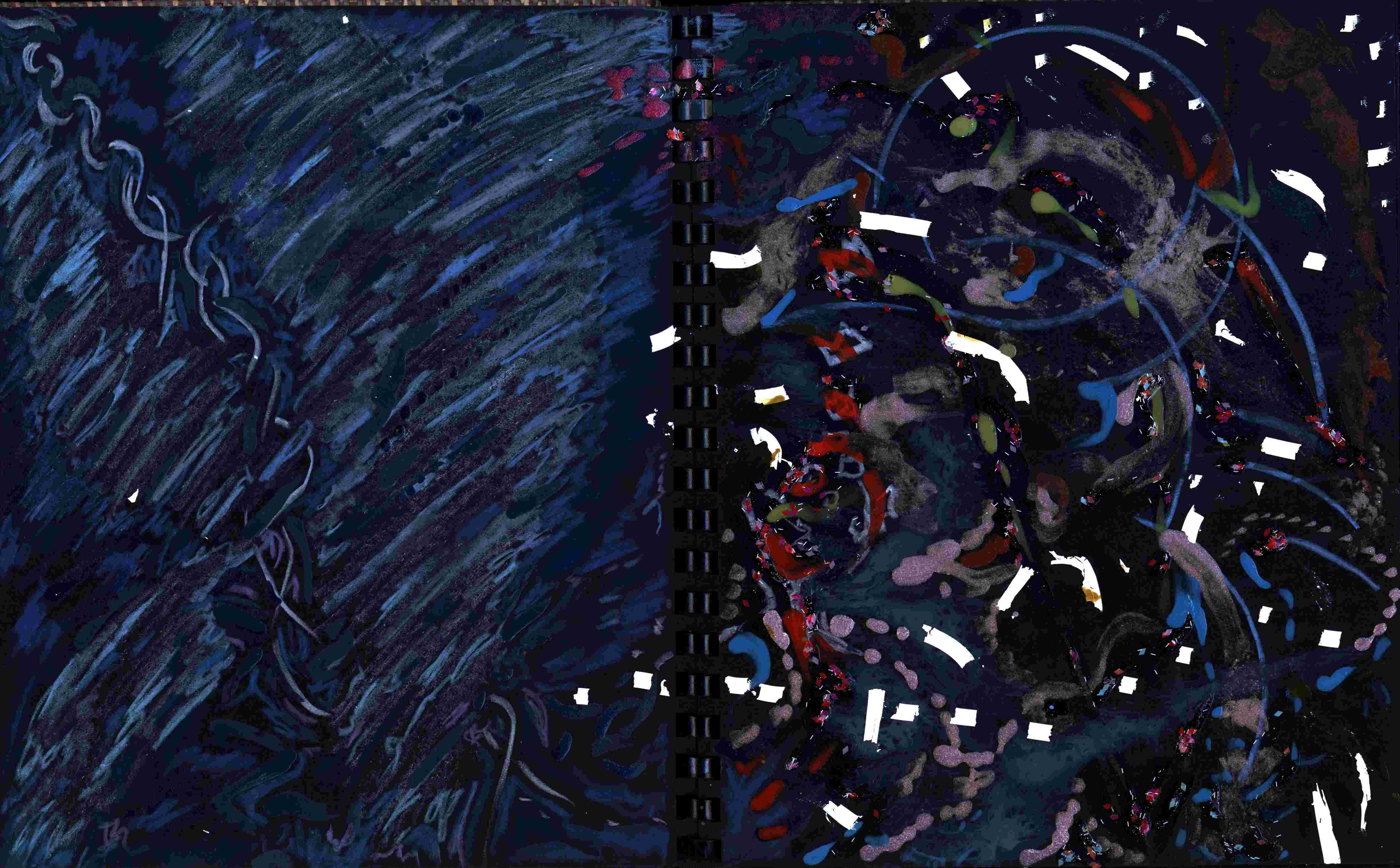 Three scanned artowrks with short strokes of paint, drawings, made with pencil, felt, acryillic paint, white out nail polish. The forms cascade into garden like constelations on a vlack background resembling the night time sky