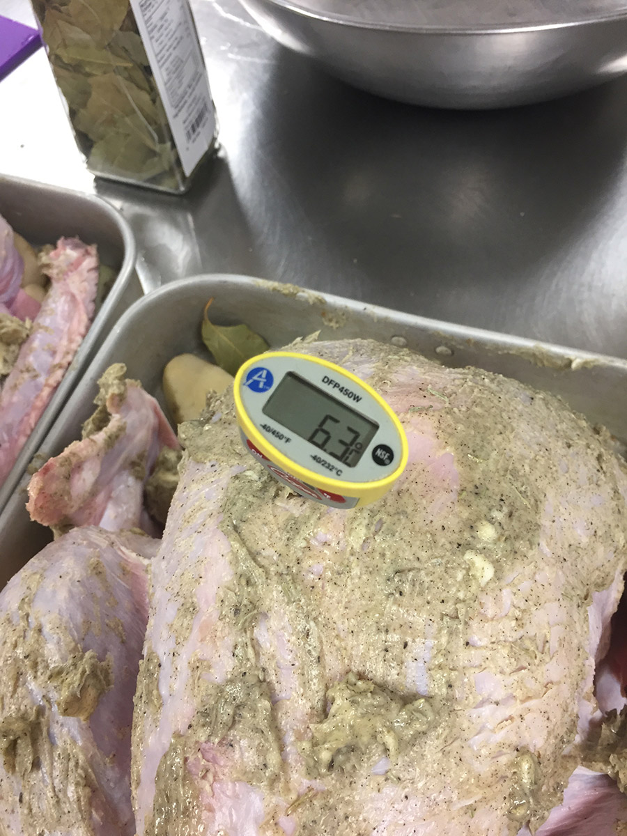 a raw turkey lathered butter and herbs with a digital thermometer stuck inside it reading 6.3 degrees celcius