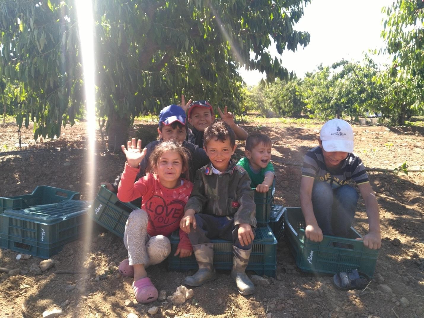 six preschool/kindergarten aged kids smiling, waving and holding up their fingers to the camera, making toys out of fruit crates.