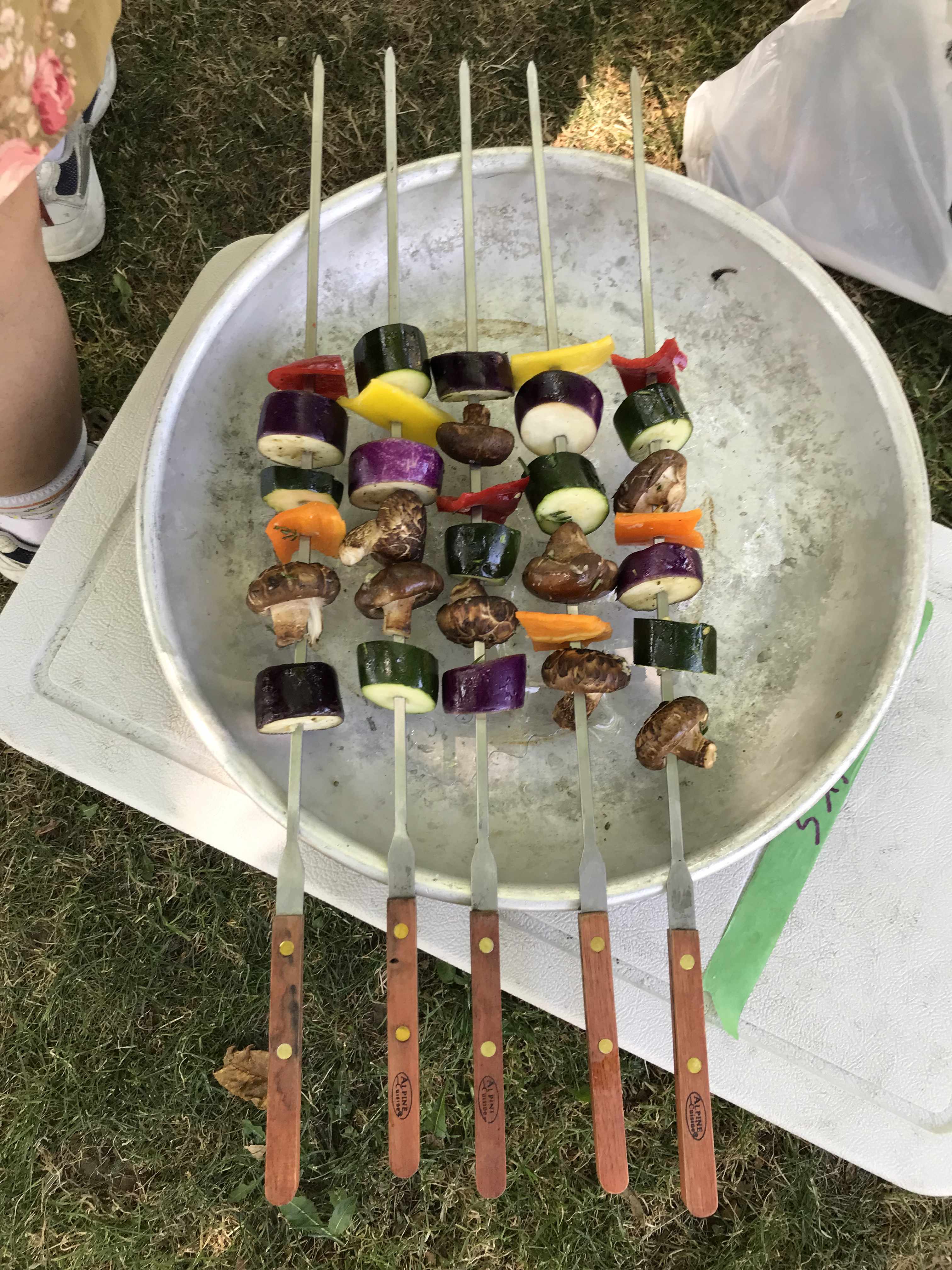 five shish kebabs skewers neatly laid out with peppers, eggplants, zucchini and mushrooms shiny with oil and specked with herb seasoning. they are resting on a large bowl, on top of a cooler on the grass.
