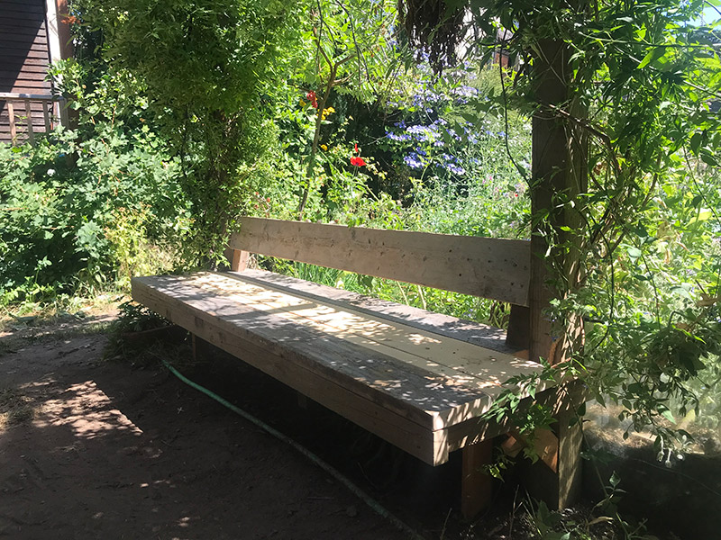 a newly constructed bench between two posts with vines crawling up to provide shade